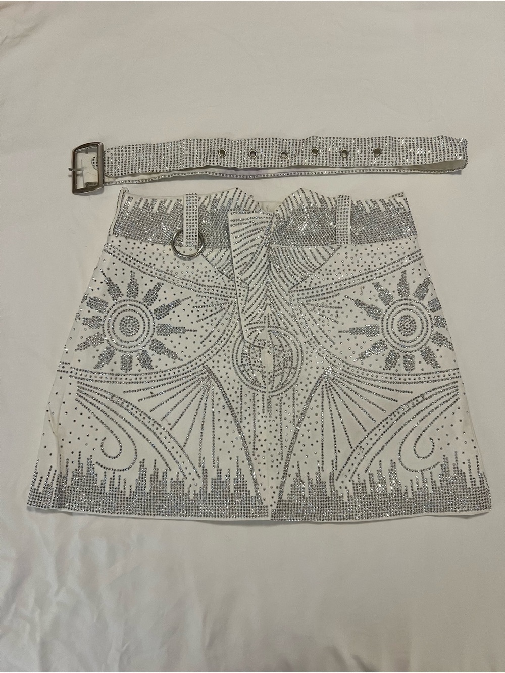 White Mini Skirt with Silver Embellished Sunburst Design